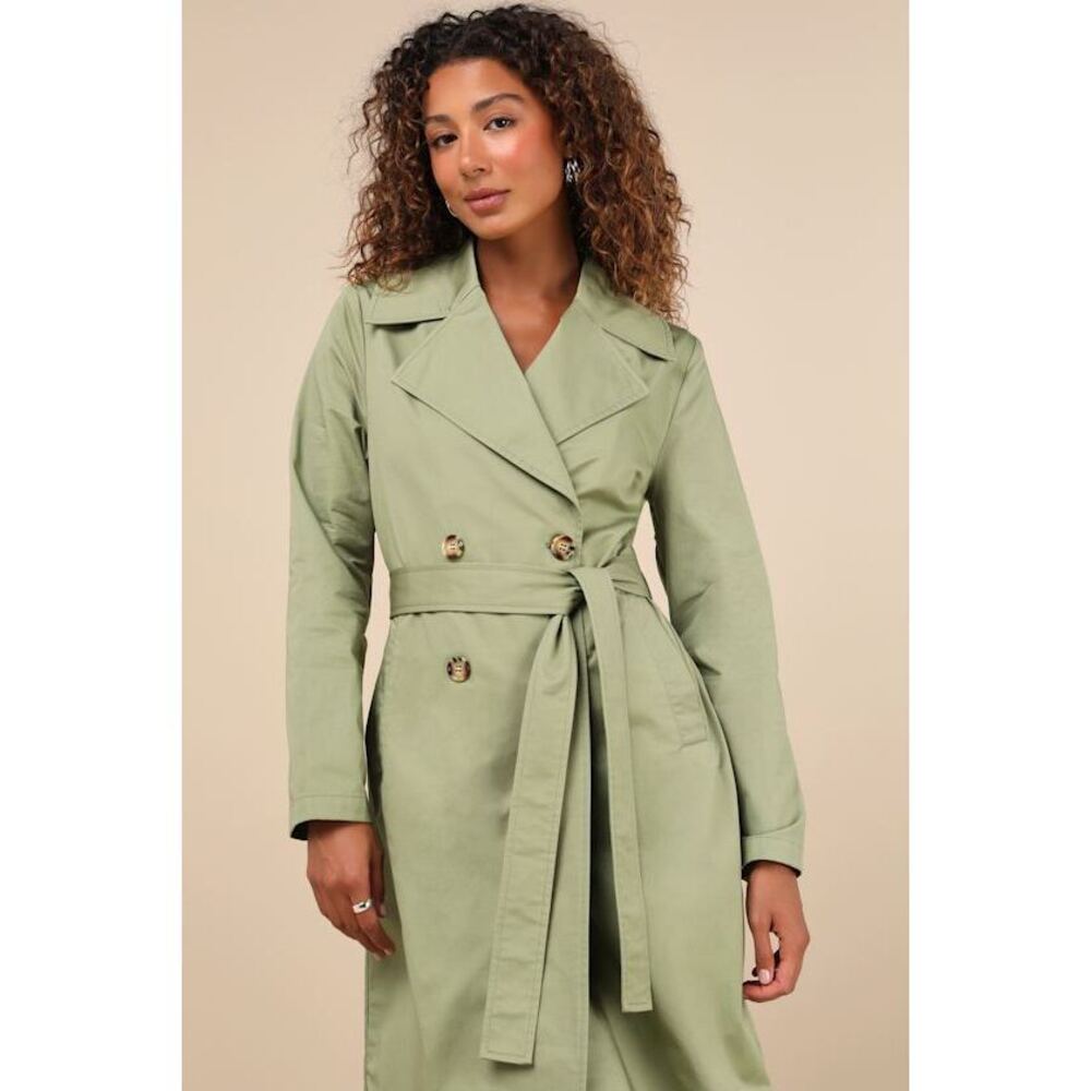 Lulus Fave Forecast Olive Green Twill Trench Coat - Size XS